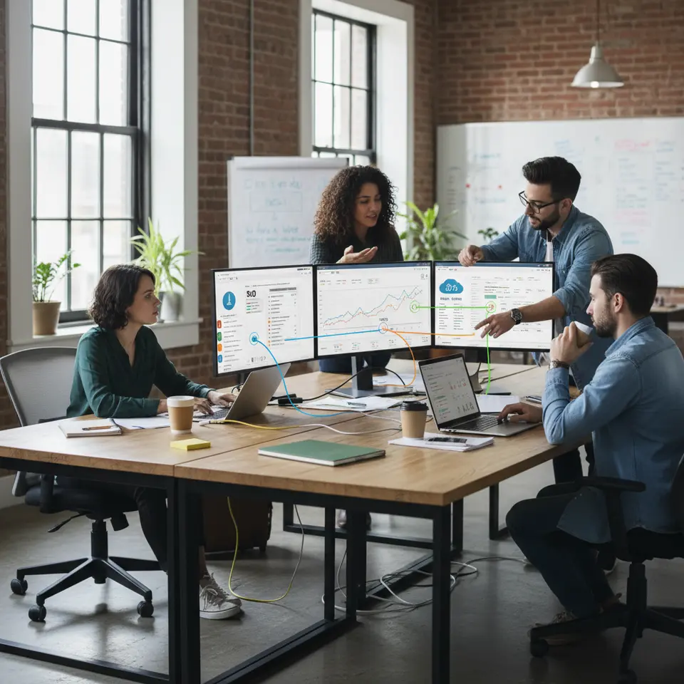A dynamic collaboration dashboard showing multiple team members accessing real-time SEO data—interactive charts linking site audits, keyword insights, and performance metrics across shared screens, with colorful connectors illustrating seamless integrations between tools and departments.
