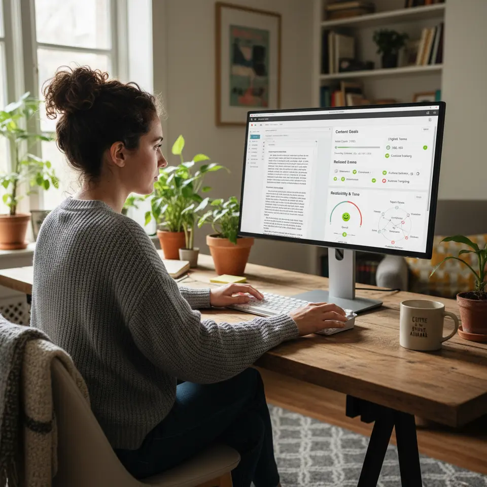 An AI-powered content optimization interface mockup: a text editor with real-time guidance sidebar showing recommended word count and heading structure, NLP-driven related term suggestions, a readability and tone meter, and a visual topic cluster map for content gap auditing.