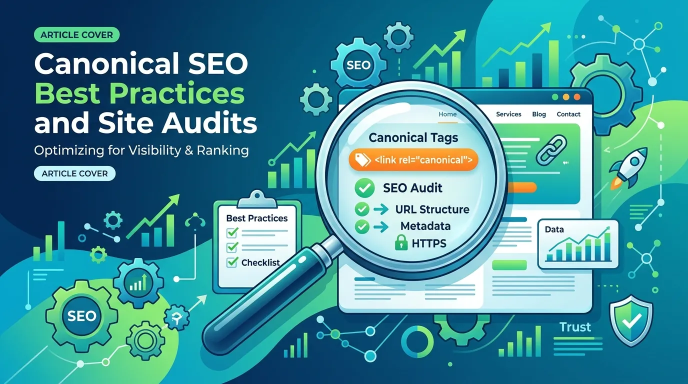 SEO specialist analyzing website crawl reports, duplicate content issues, and canonical tag settings on a technical SEO audit dashboard.