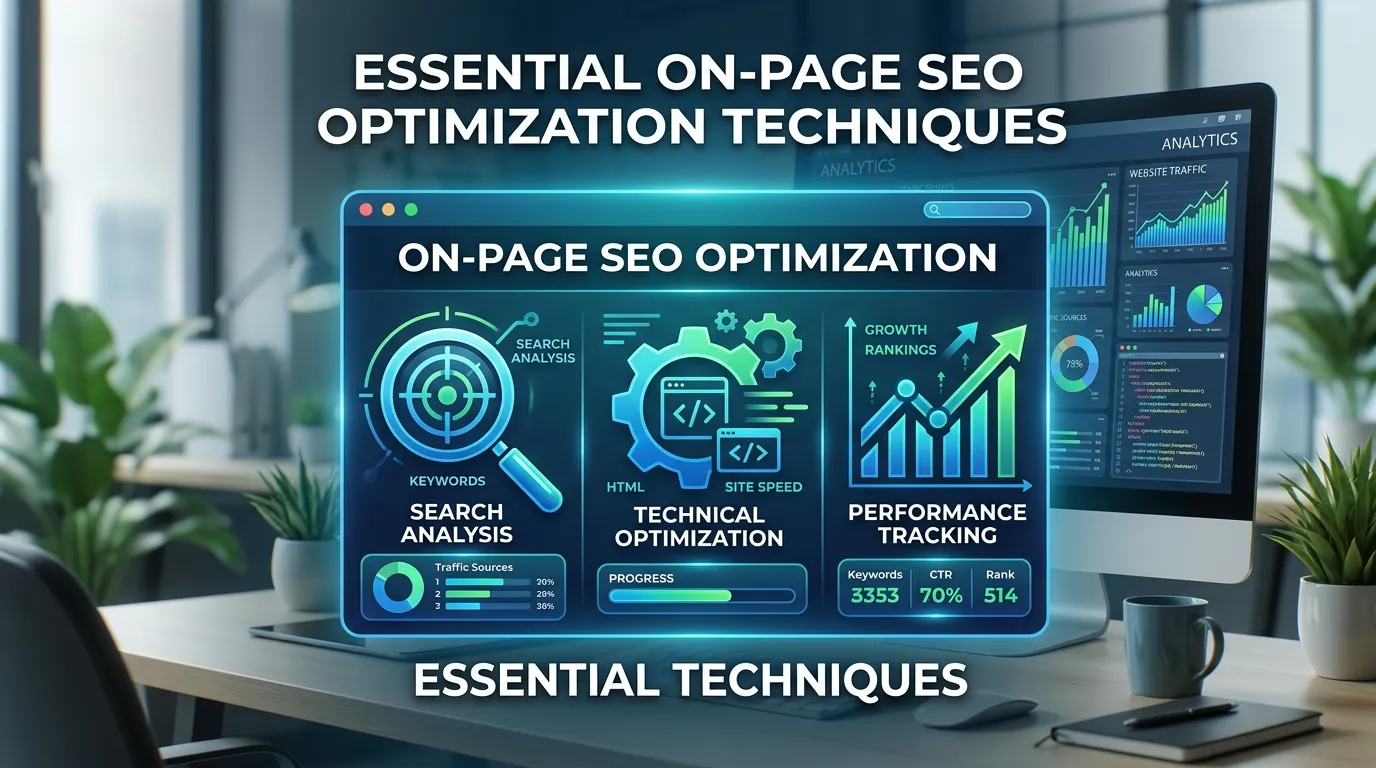 On page SEO checklist showing title tags, headings, keyword placement, internal links, and image optimization