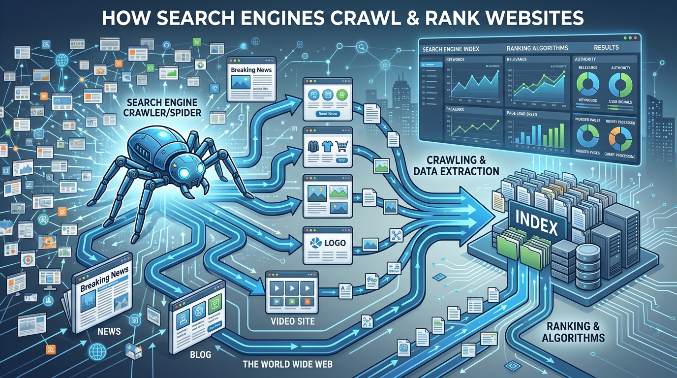 Illustration of search engine bots crawling and indexing website pages