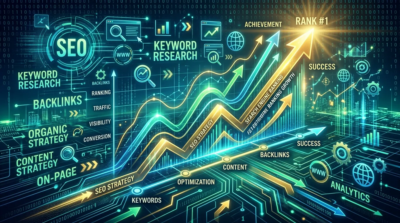 SEO strategy illustration with analytics charts, backlink growth, keyword rankings, and organic traffic improvements