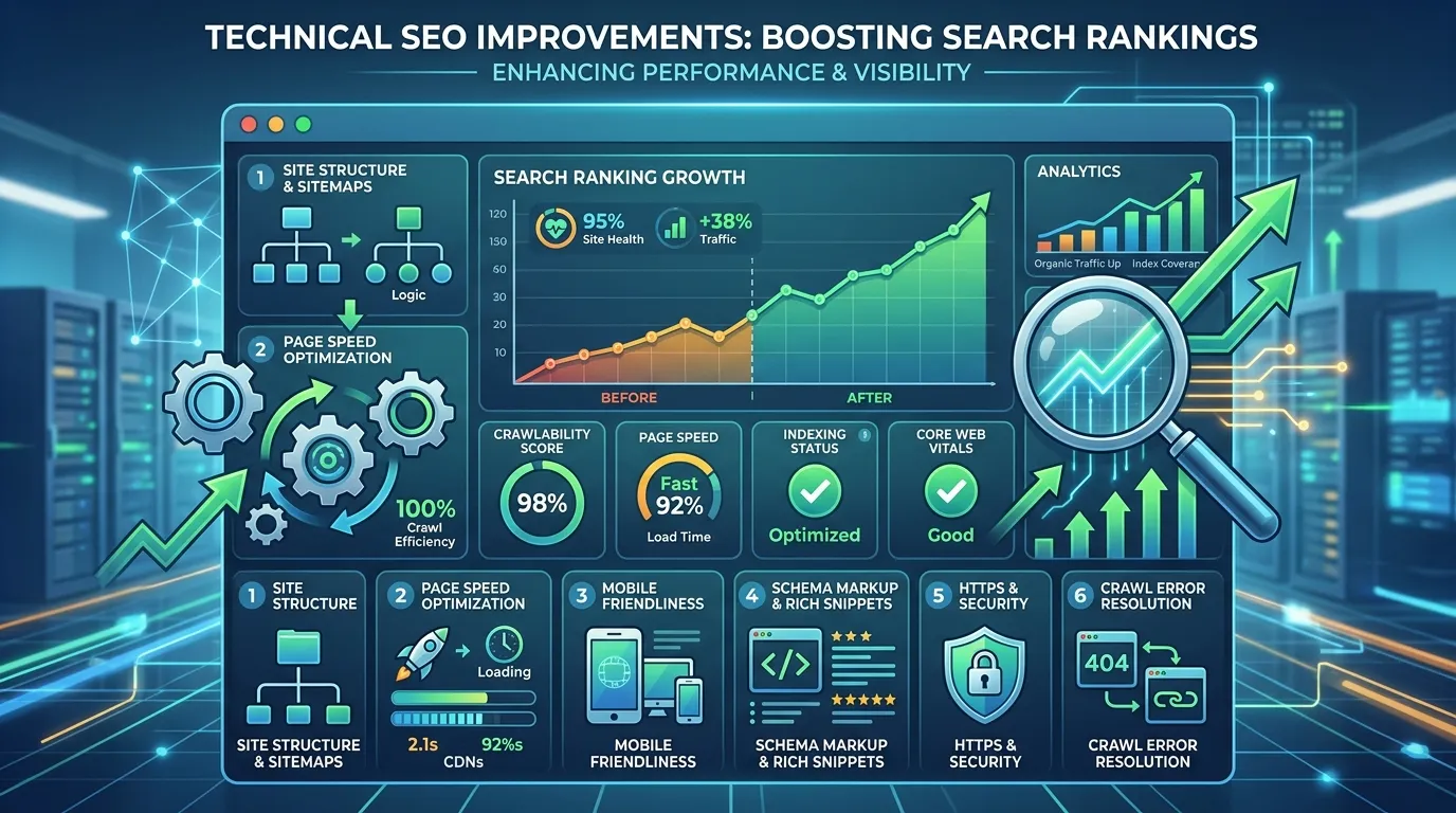 Technical SEO dashboard displaying website speed, mobile optimization, crawlability, and Core Web Vitals analysis