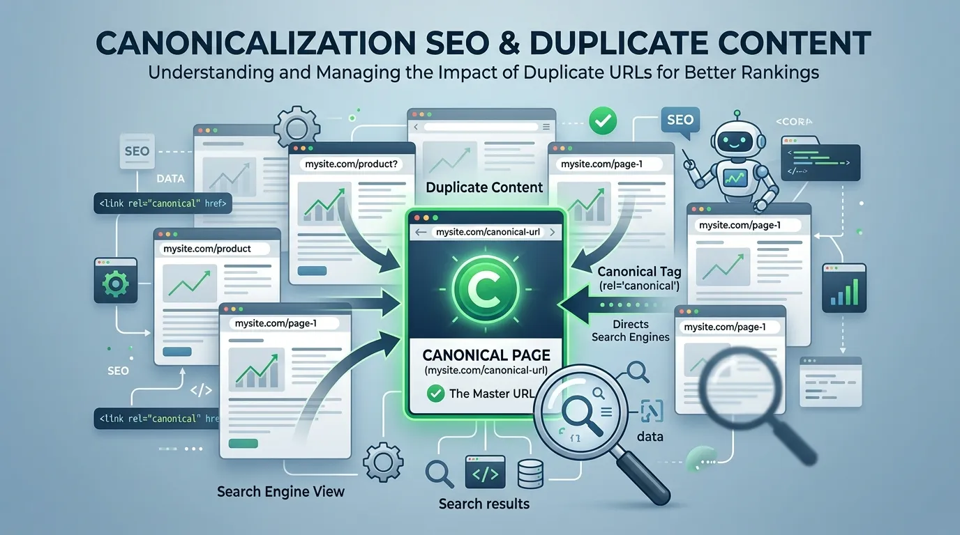 Website URL structure diagram showing multiple duplicate URLs pointing to a single canonical page to improve search engine understanding and SEO performance.