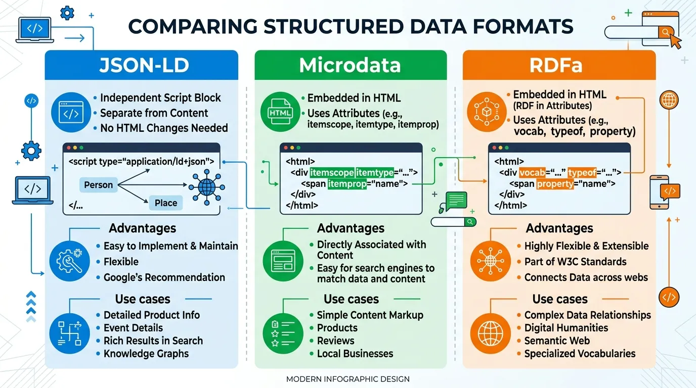 Comparison chart illustrating JSON-LD, Microdata, and RDFa formats with differences in structure, ease of use, and SEO performance.