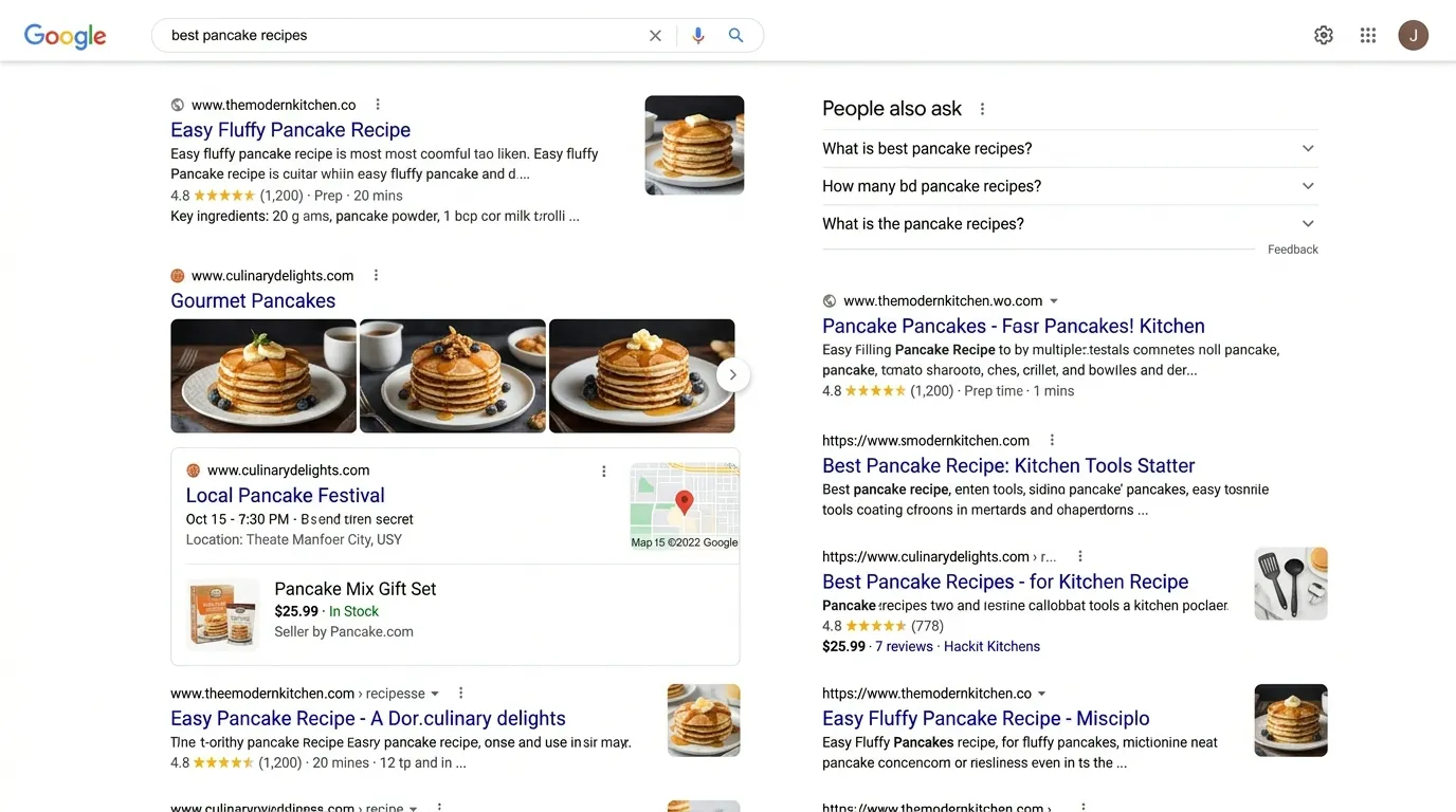 Google search results page showing rich snippets like star ratings, images, and enhanced listings powered by structured data.