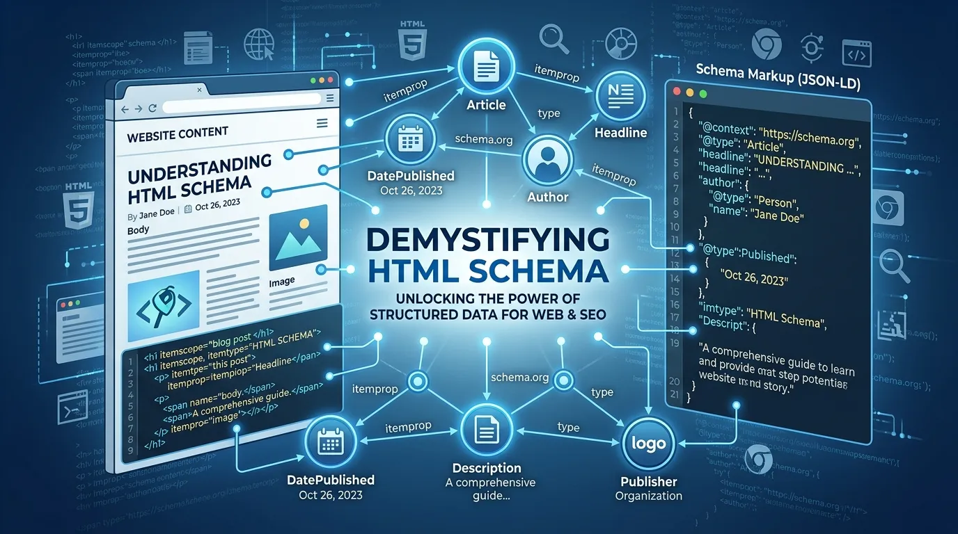 Diagram showing how HTML schema adds structured data to web pages and helps search engines understand content meaning clearly.